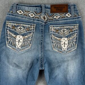 Westfield Eagle Jeans Women 7 Blue Bootcut Distressed Embellished Pockets Denim